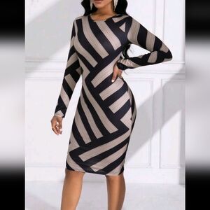 Elegant Black and Tan Striped Dress
